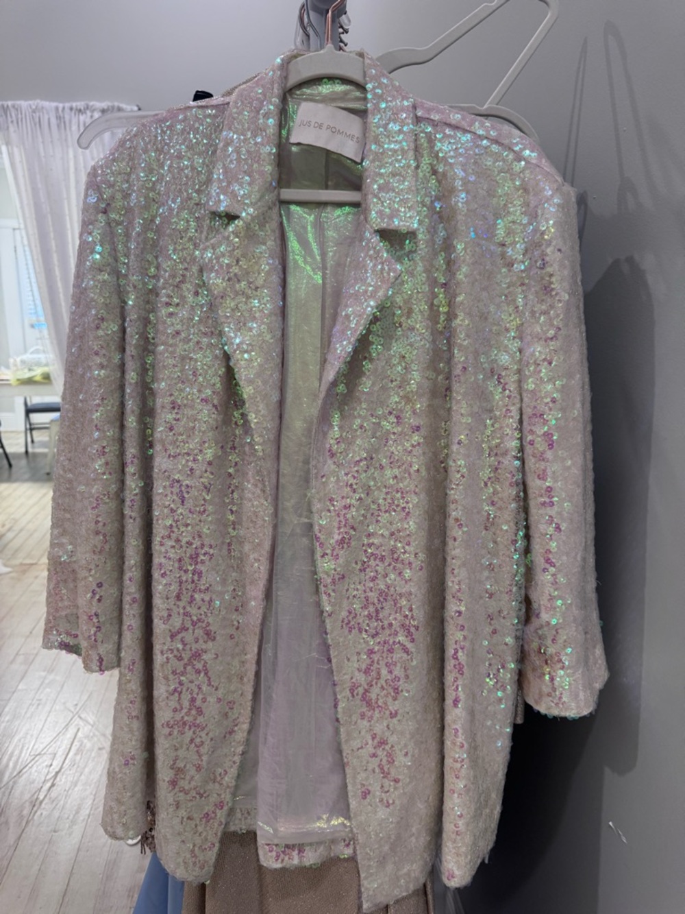 Iridescent Sequin Blazer Jacket in white with Pale iridescent sequins